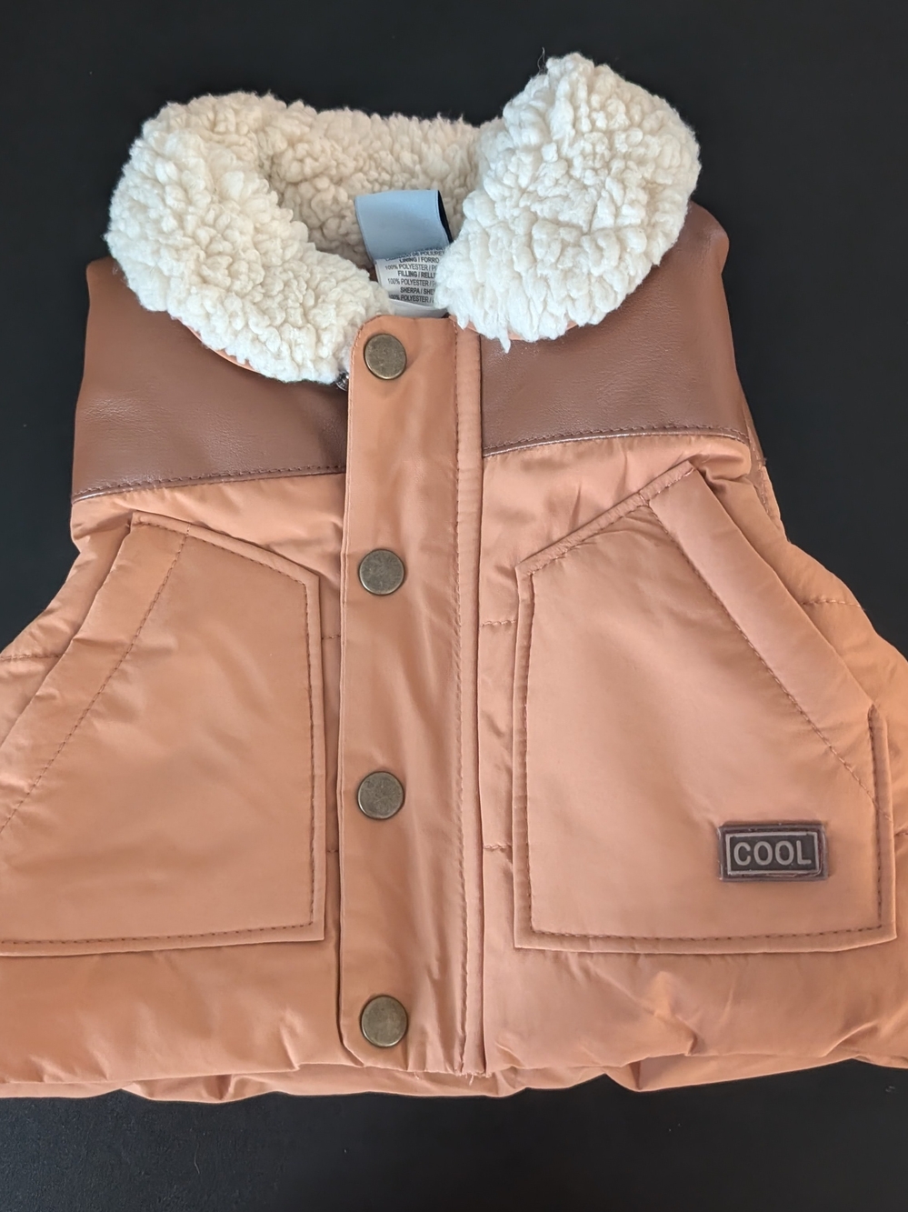 Lil Lad Baby Boy Puffer Vest 0-3M Brown Sherpa Collar Snap Front